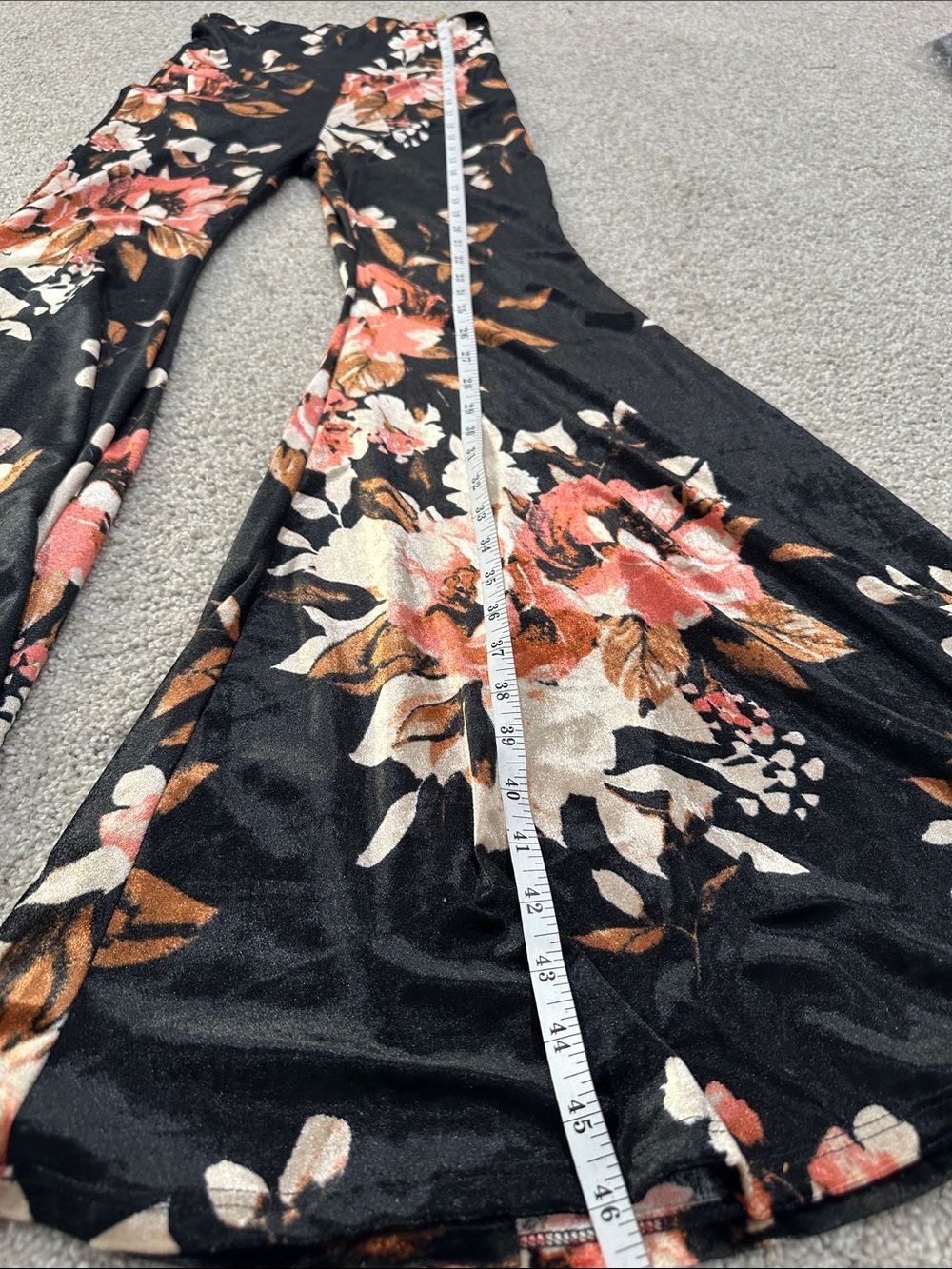 Black Floral Stretch Velvet Flare Pants - Picture 3 of 8